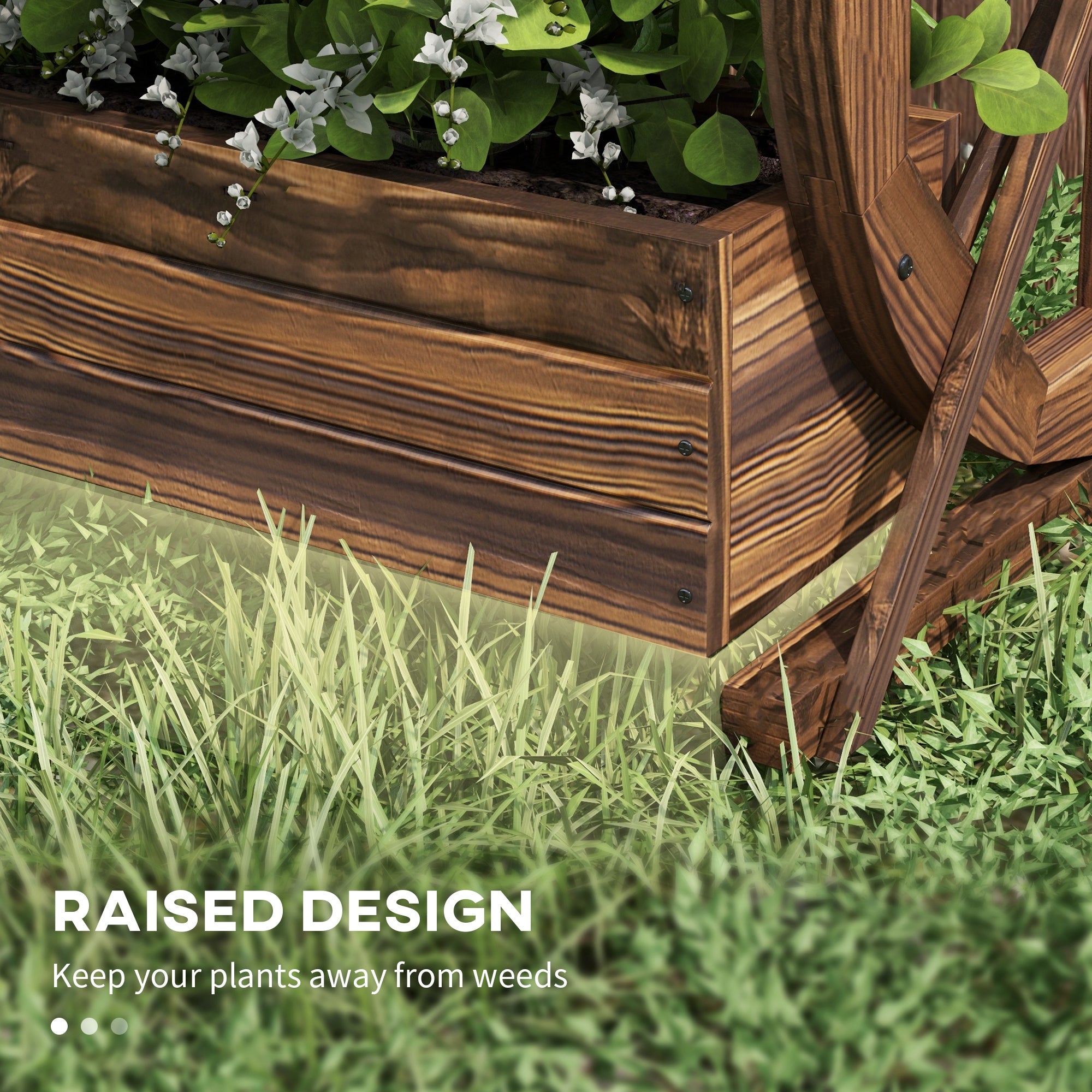 Outsunny Wooden Wood Fioriera at 2 levels with 3 vases and Country style wagon wheels, 55x32x56cm - Borgè
