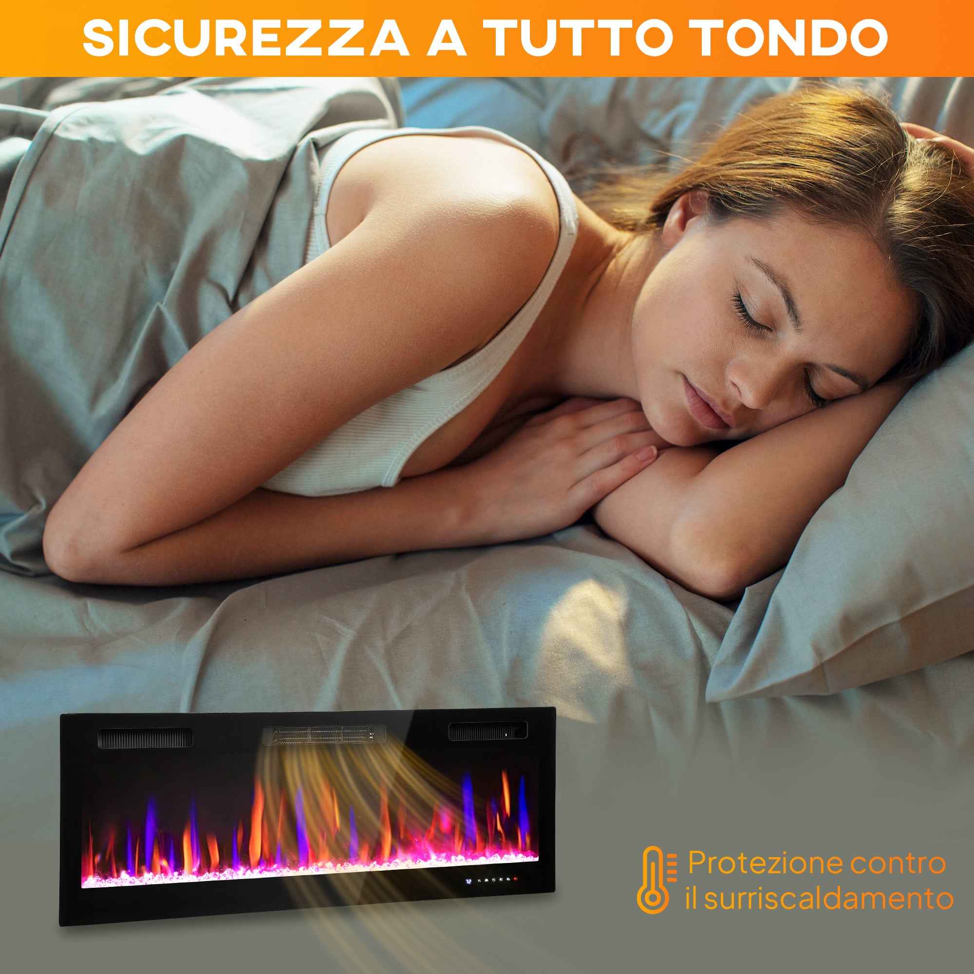 HOMCOM Built-in or Wall-Mounted Electric Fireplace with Adjustable Temperature, Steel and Glass, 127x9.4x47 cm, Black