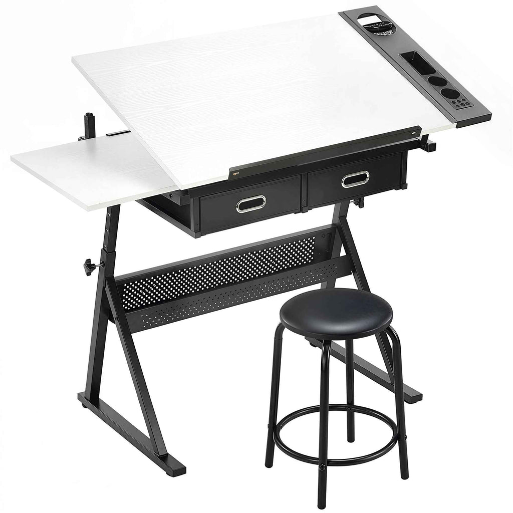 Adjustable Drafting Table, Writing Desk and Stool for Drawing and Working, White