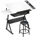 Adjustable Drafting Table, Writing Desk and Stool for Drawing and Working, White
