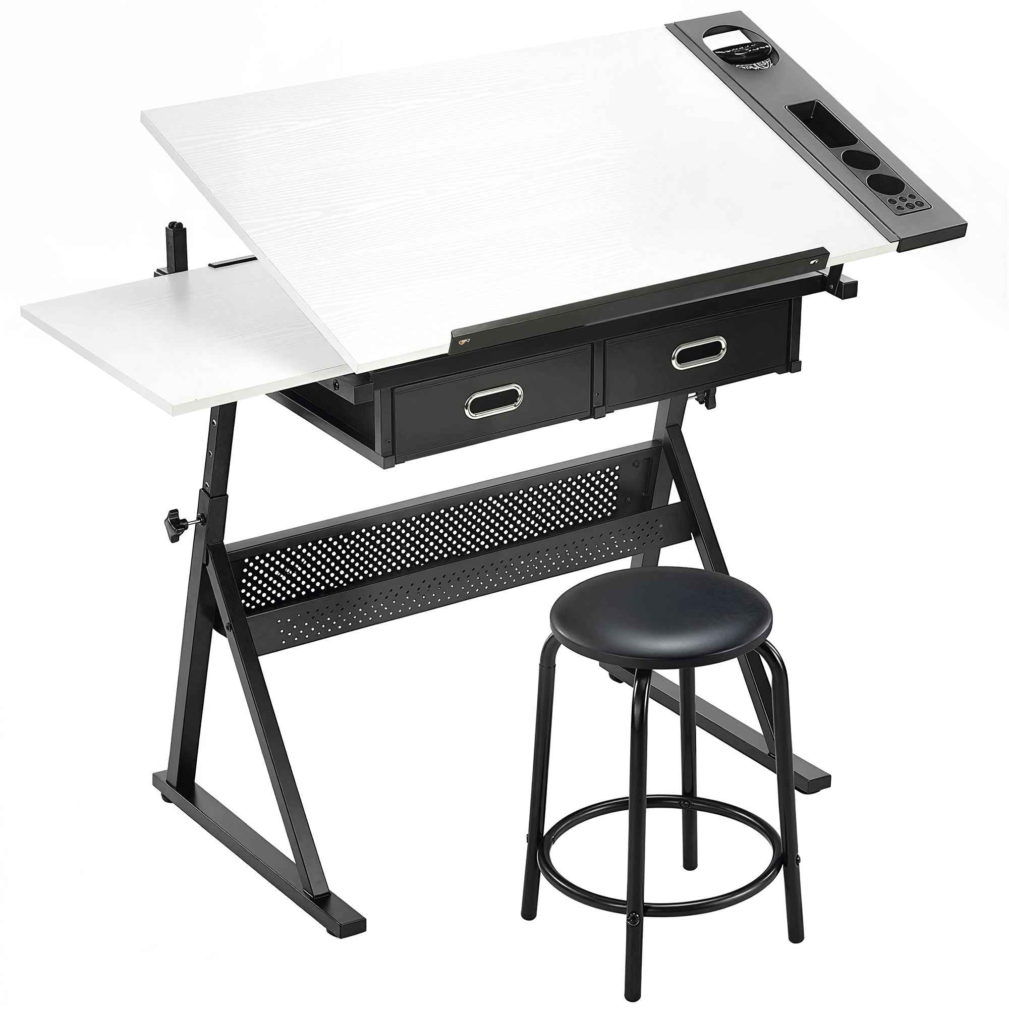 Adjustable Drafting Table, Writing Desk and Stool for Drawing and Working, White