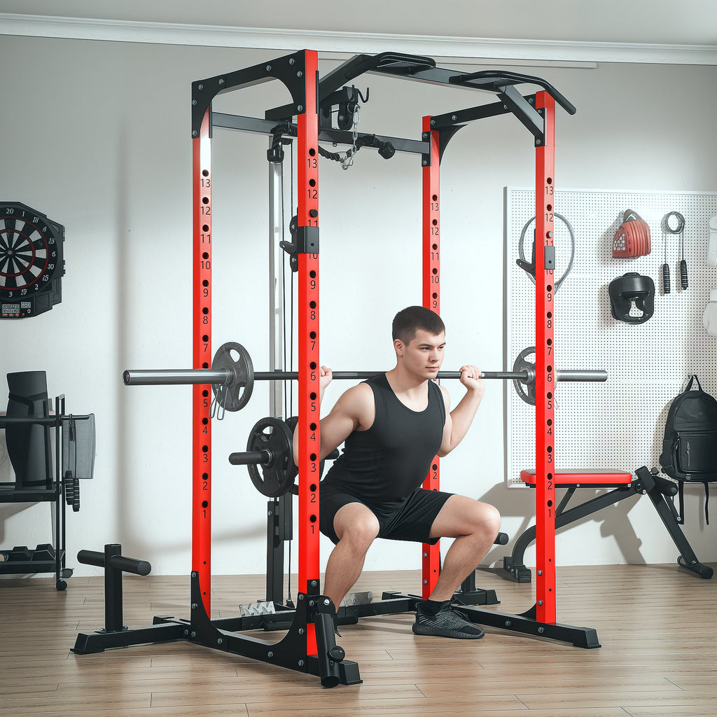 Fitness Station with Barbell Support and Pull-Up and Dip Bar, in Steel, 191x153x205 cm, Red and Black