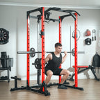 Fitness Station with Barbell Support and Pull-Up and Dip Bar, in Steel, 191x153x205 cm, Red and Black