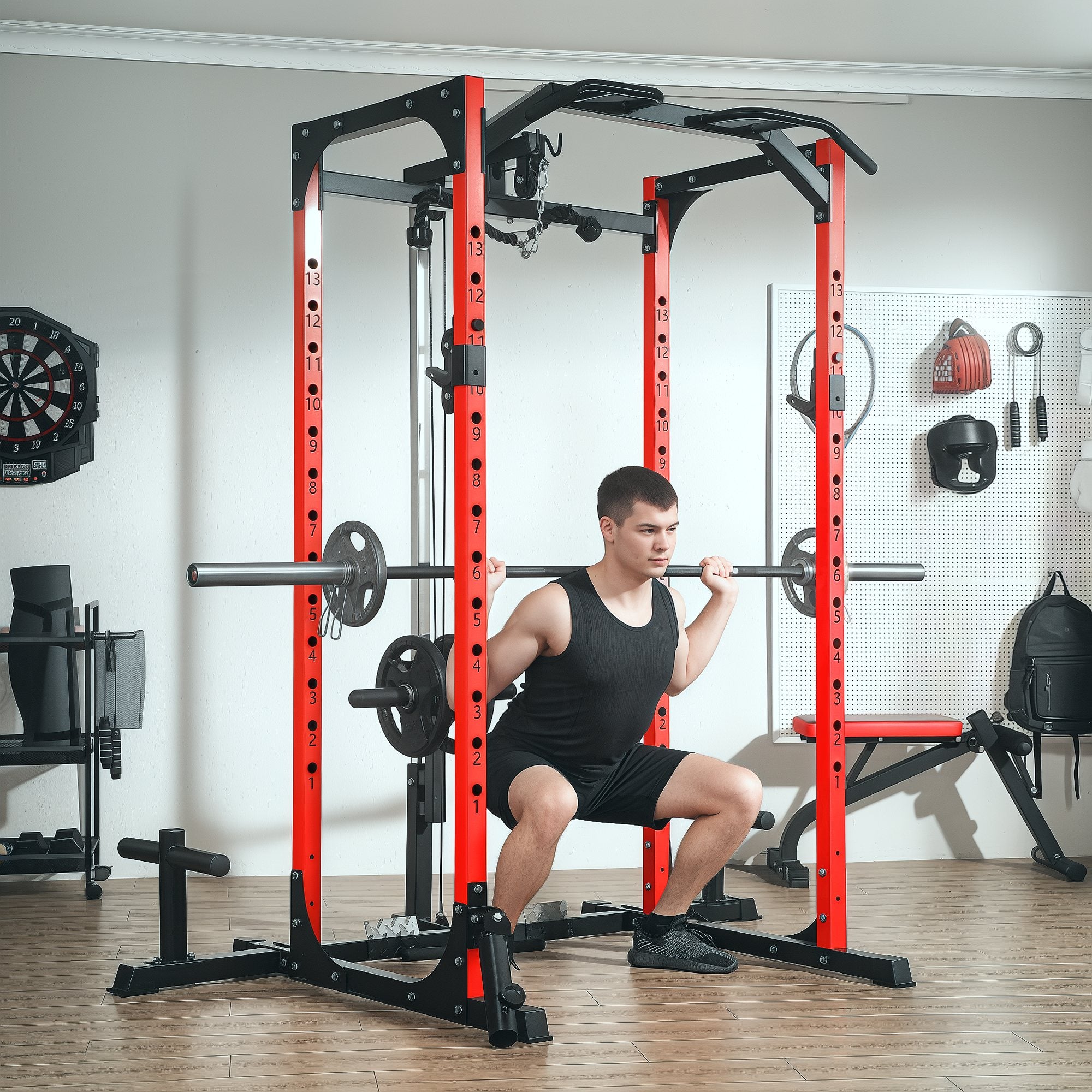 Fitness Station with Barbell Support and Pull-Up and Dip Bar, in Steel, 191x153x205 cm, Red and Black