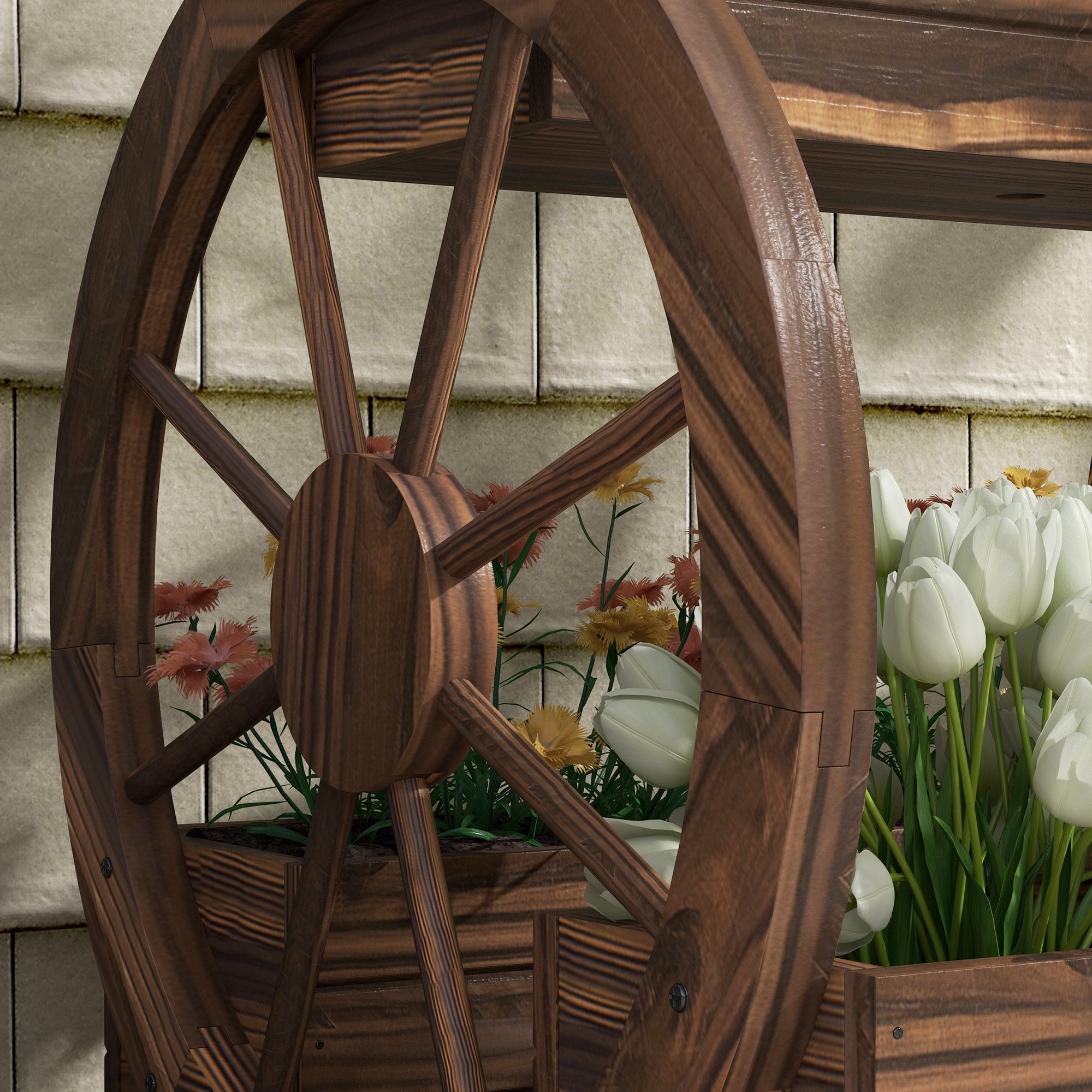 Outsunny Wooden Wood Fioriera at 2 levels with 3 vases and Country -style wagon wheels, 64x54x60cm - Borgè