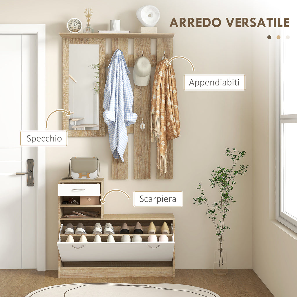TWENTY | Coat Stand 3 in 1 with Shoe Rack and Mirror, Hooks and Drawers, in Wood, 90x24x177 cm, White and Oak