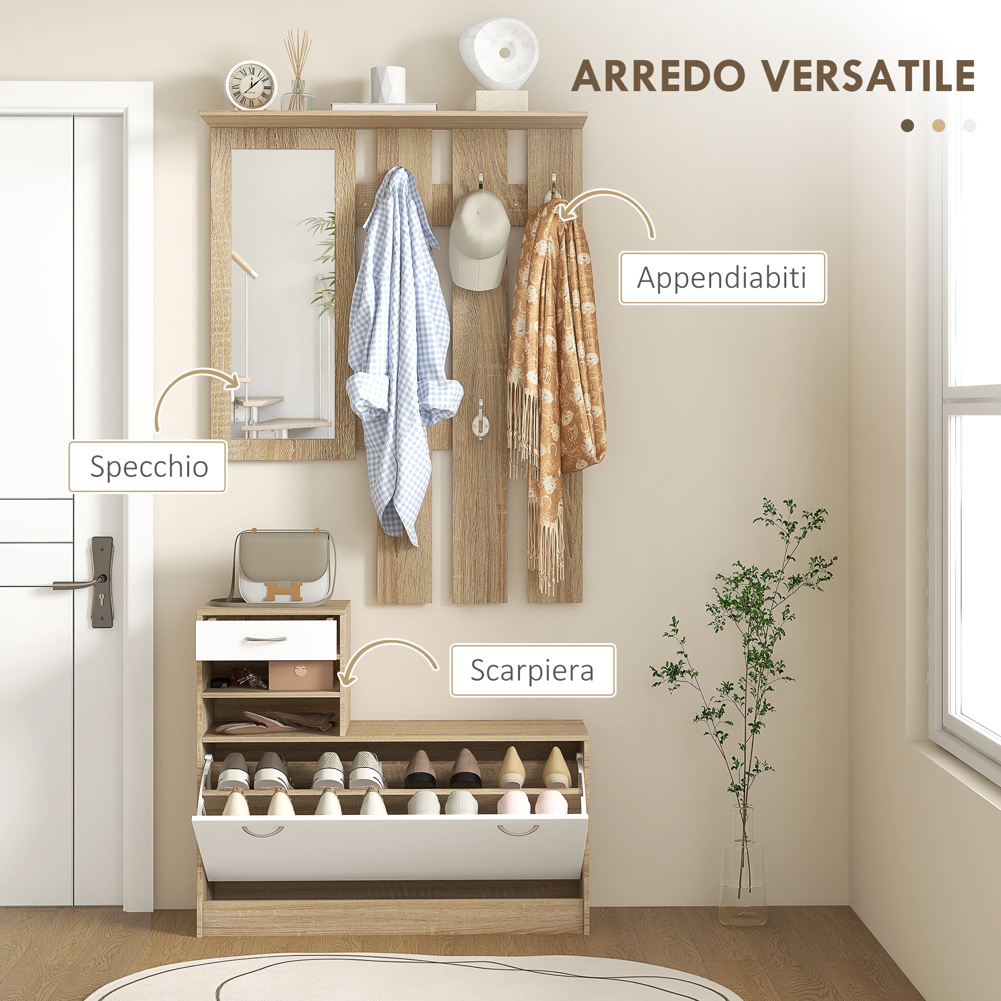 TWENTY | Coat Stand 3 in 1 with Shoe Rack and Mirror, Hooks and Drawers, in Wood, 90x24x177 cm, White and Oak