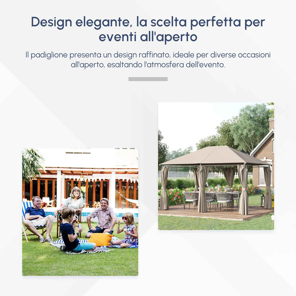 Outsunny 4x3m Garden Gazebo with 6 Removable Curtains, Metal Frame and Beige Polyester Canopy