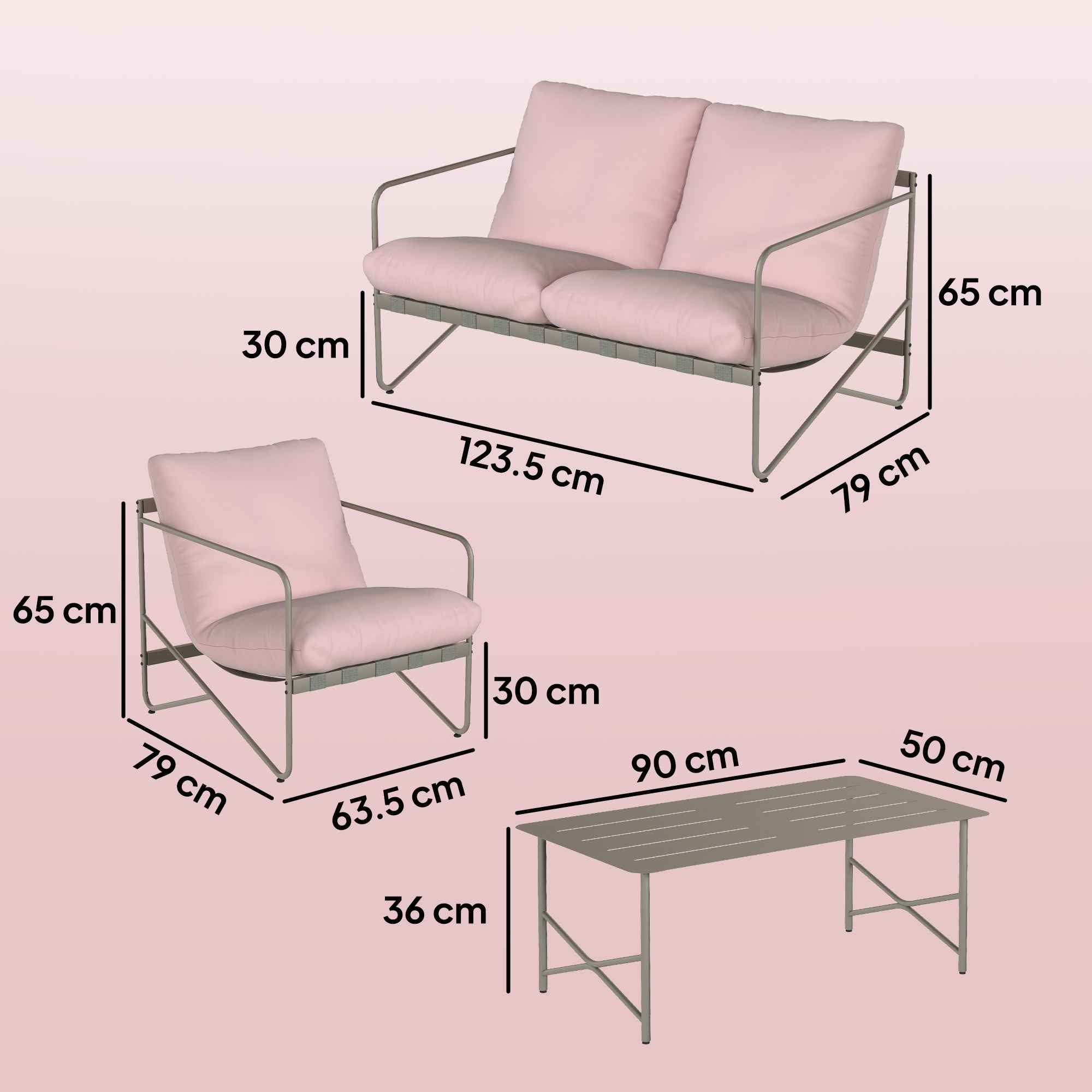 Outsunny 4-Person Garden Set: Sofa, Armchairs, Table, Metal, Pink
