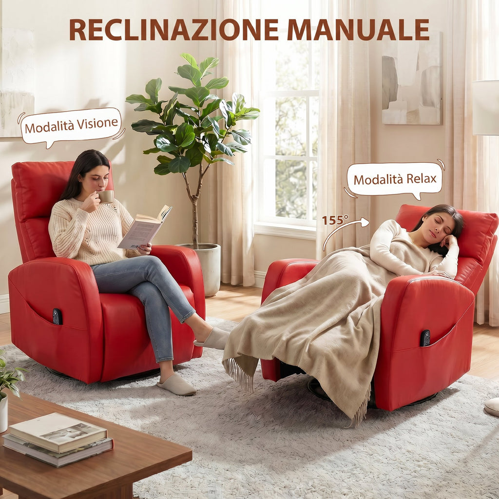 HOMCOM PU Leather Reclining Massage Chair with Heated Footrest and Remote Control, Red