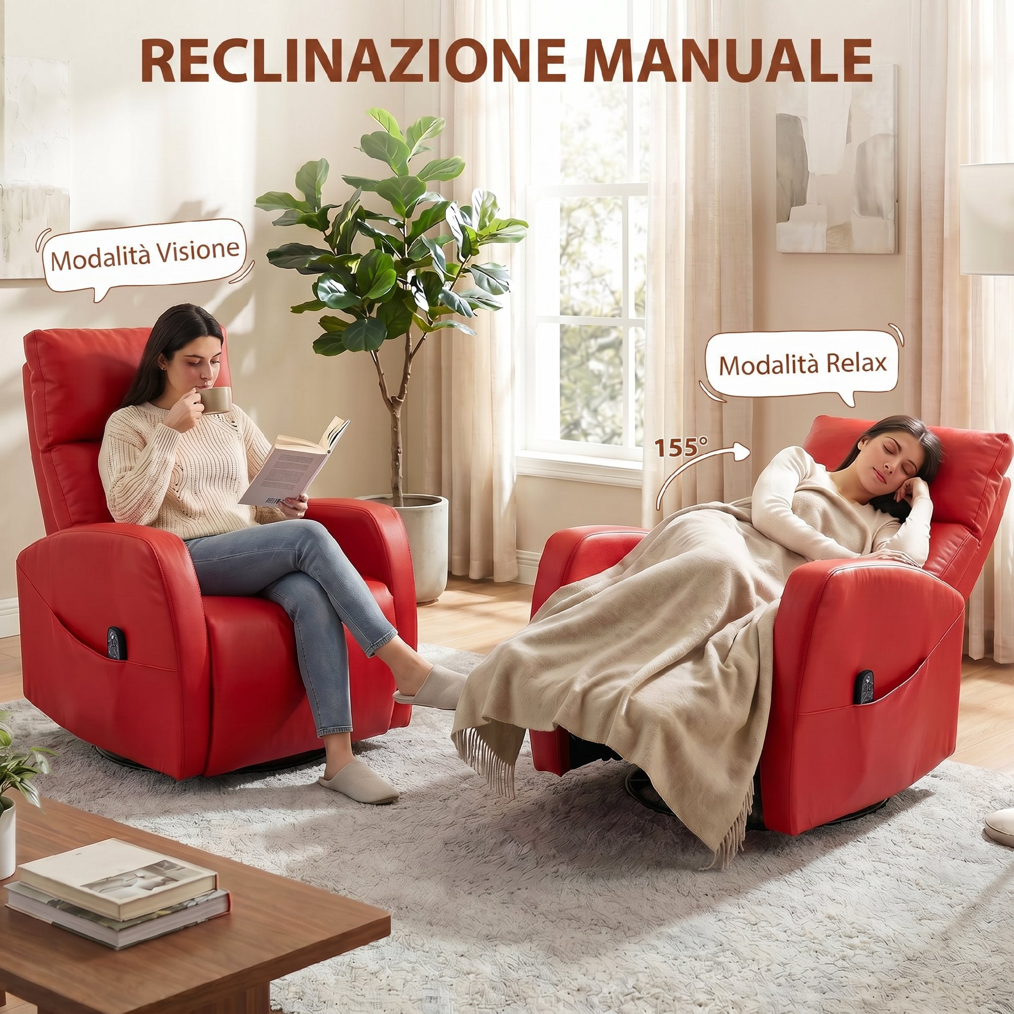 HOMCOM PU Leather Reclining Massage Chair with Heated Footrest and Remote Control, Red