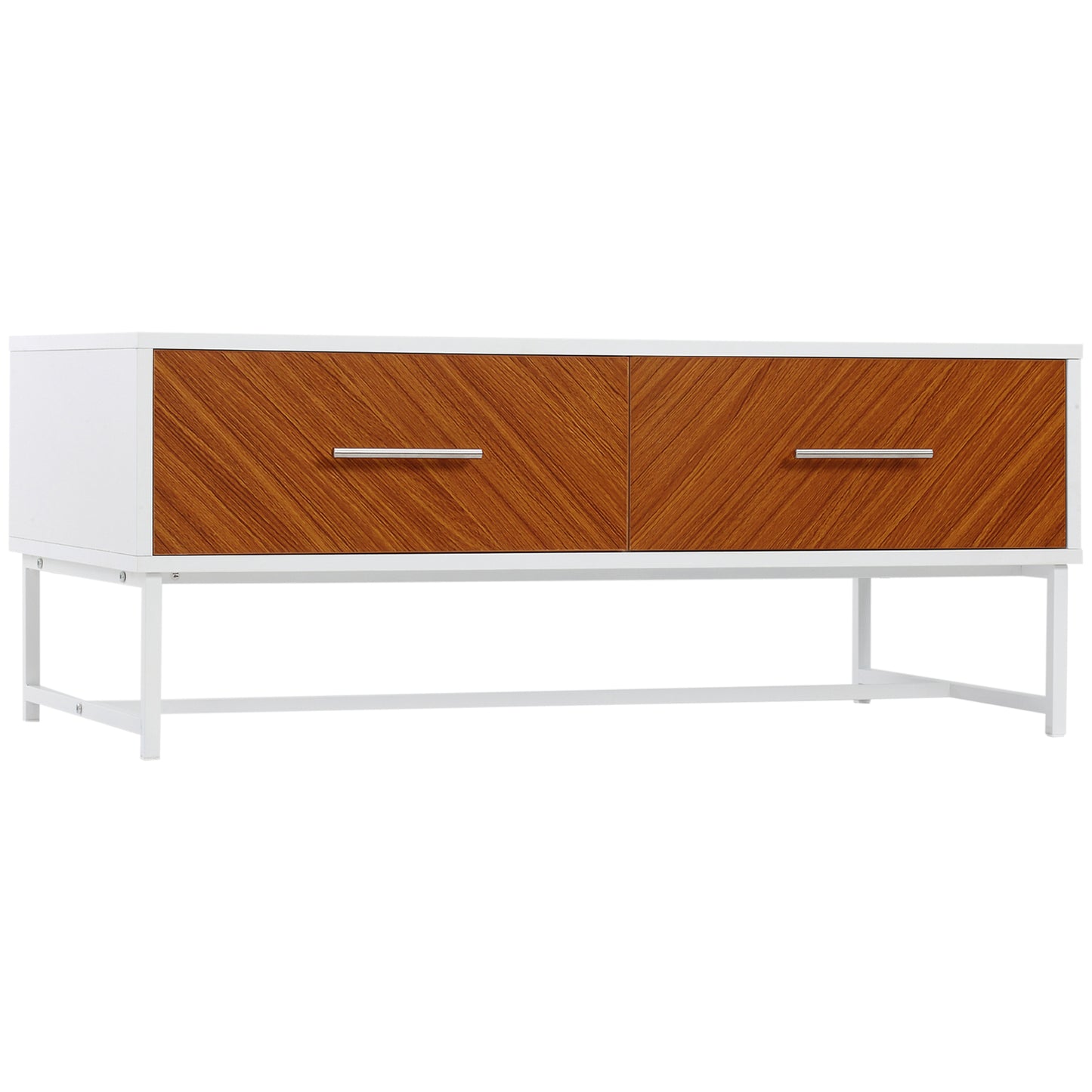 Coffee Table with 2 Drawers and Open Compartment in Wood and Metal, 100x50x40cm, White and Brown