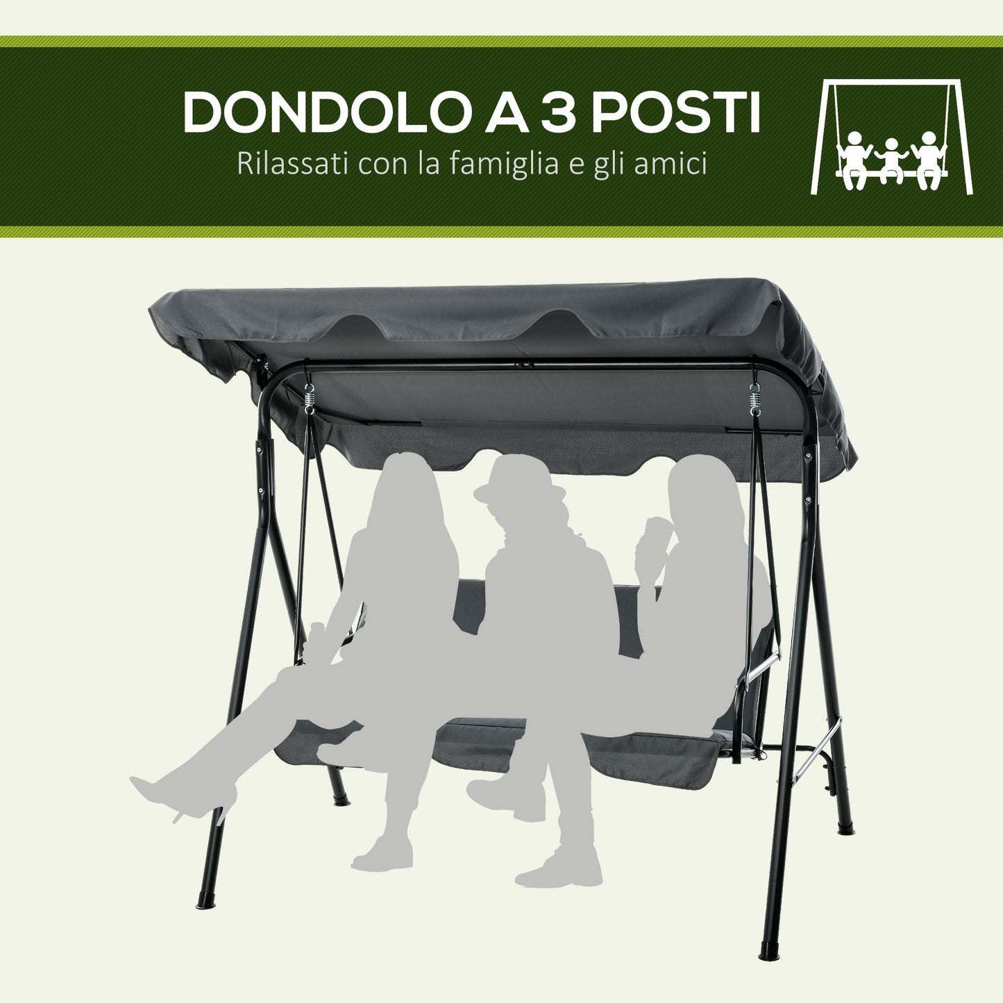 3-seater swing with adjustable canopy and cushions, in steel and polyester, 172x110x153 cm, gray - Borgè