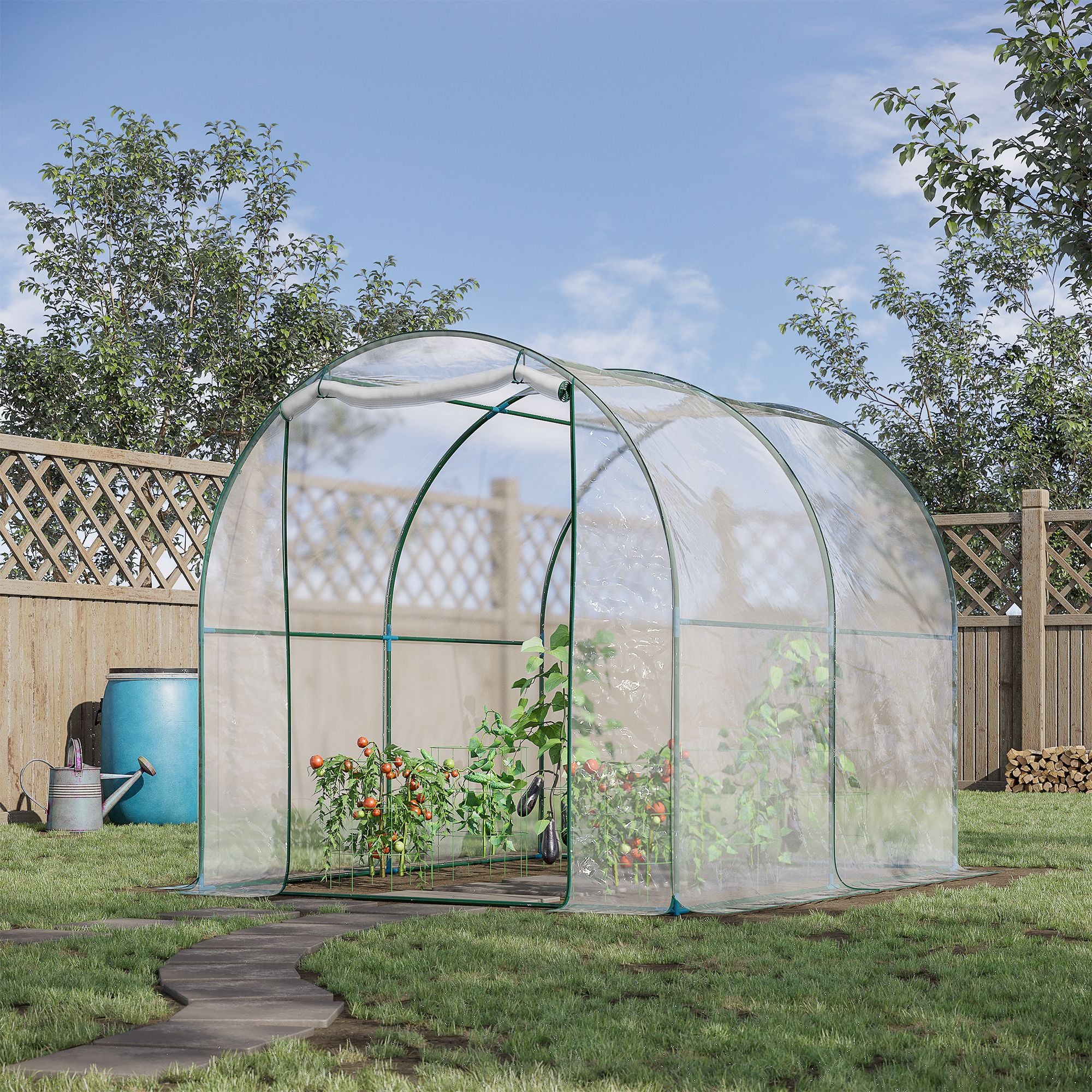 Outsunny Garden Tunnel Greenhouse, Balcony Greenhouse for Plants and Vegetables with PVC Cover, Roller Door and Steel Frame, 2x2.5x2m