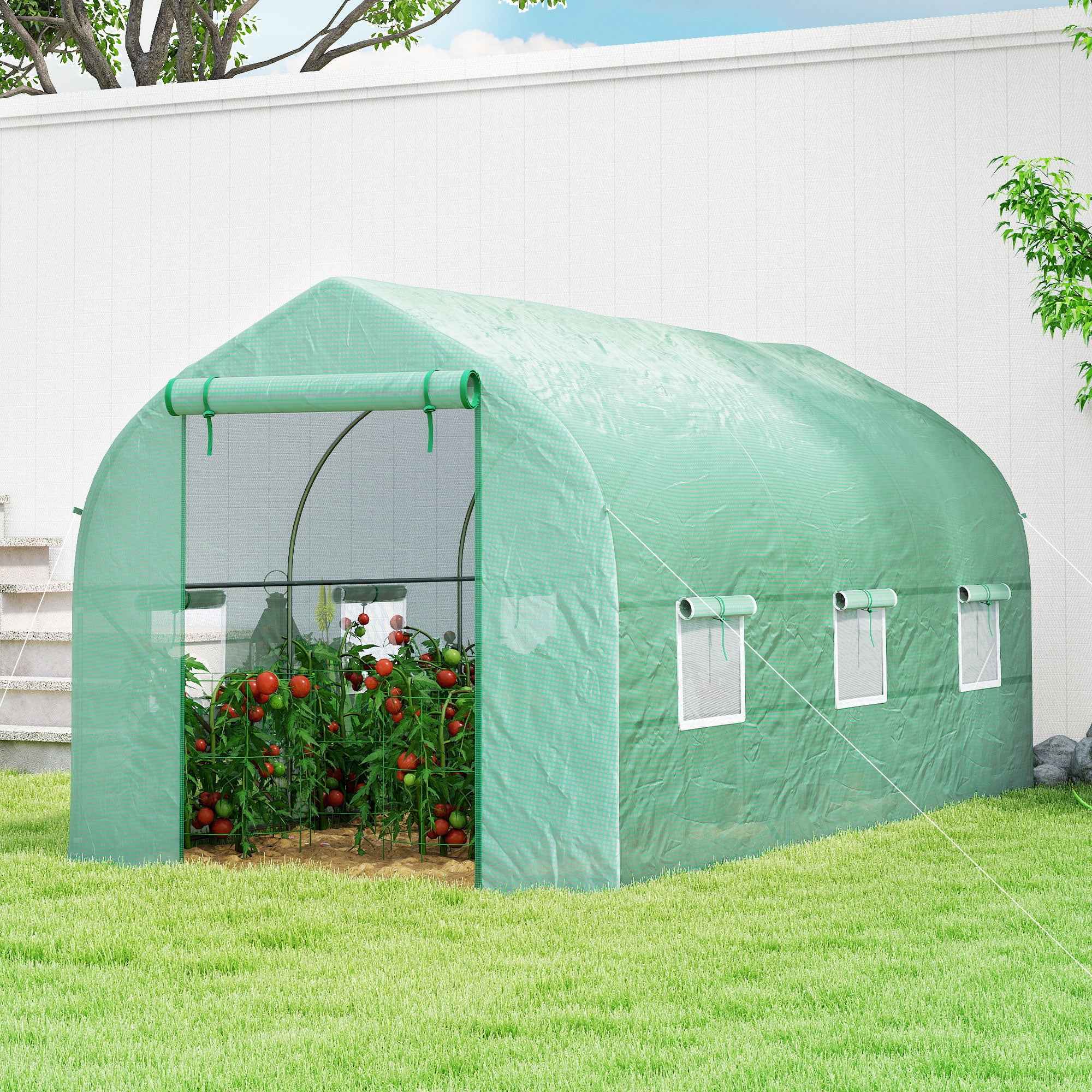 Outsunny UV-Proof Tunnel Greenhouse with 6 Mesh Windows and Roll-Up Entrance, Metal and PE, 4x2x2 m, Green