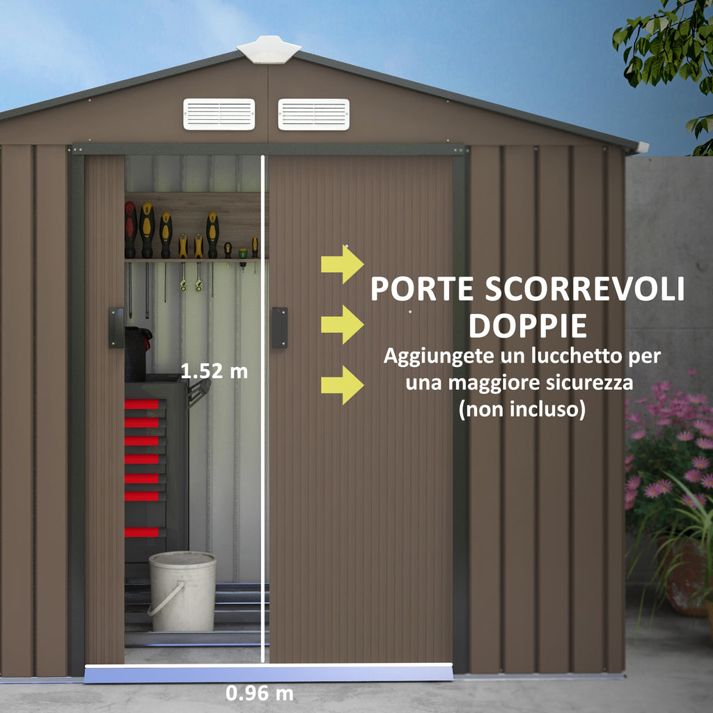 Metal Garden Shed with Vents and Double Sliding Door, 2.1x1.3m, Brown