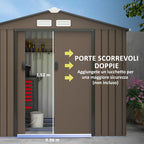 Metal Garden Shed with Vents and Double Sliding Door, 2.1x1.3m, Brown