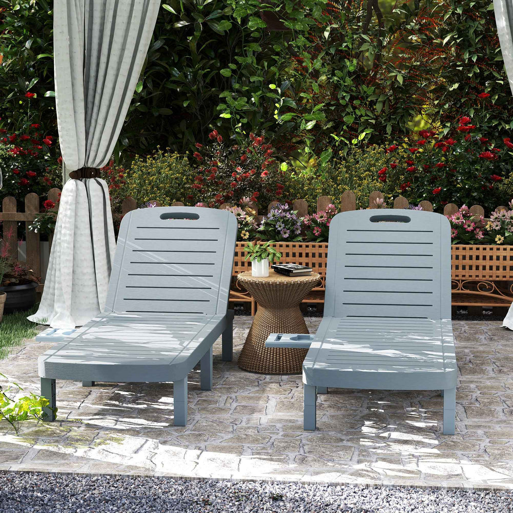 Outsunny Set of 2 Sun Loungers with Adjustable Backrest and Trays, in Polypropylene, 62x158x88 cm, Dark Grey