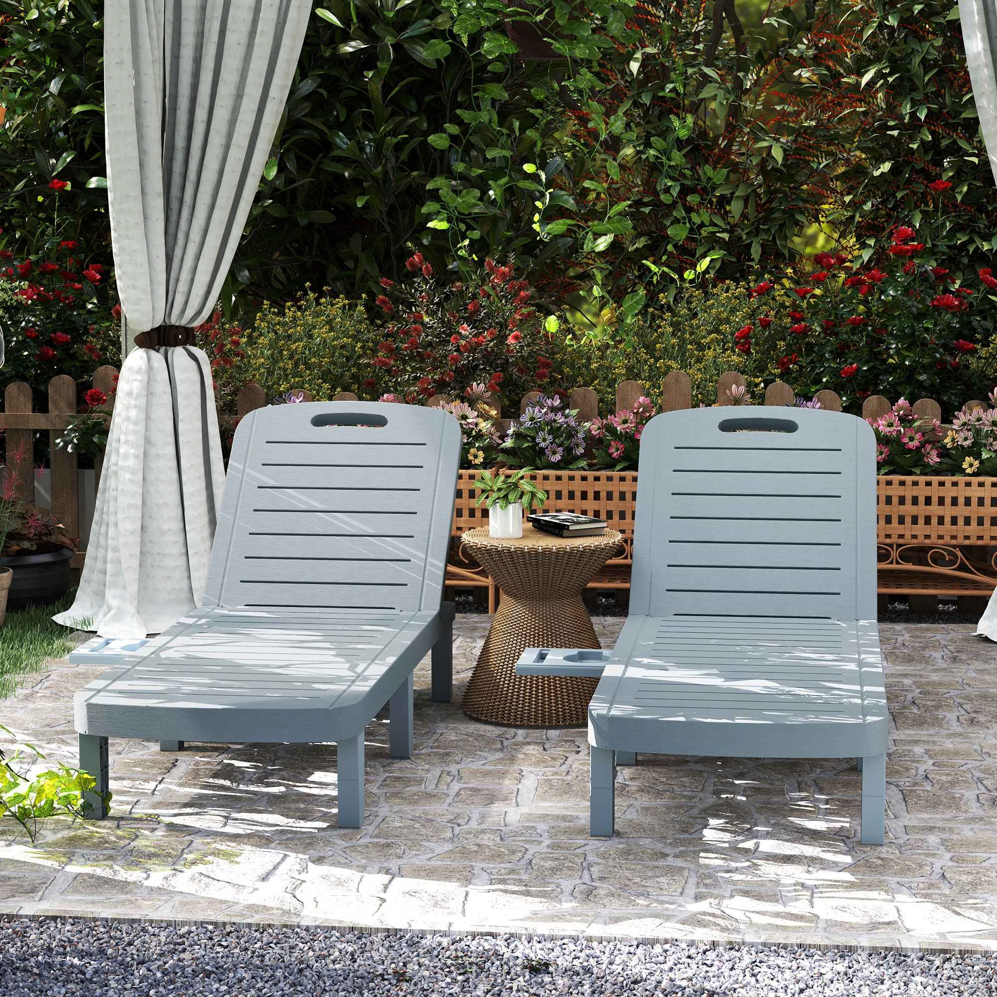 Outsunny Set of 2 Sun Loungers with Adjustable Backrest and Trays, in Polypropylene, 62x158x88 cm, Dark Grey