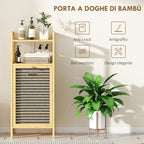 Bamboo and Polyester Bathroom Cabinet with Slatted Base, Laundry Basket and Cabinet, 40x30x95 cm, Grey and Wood