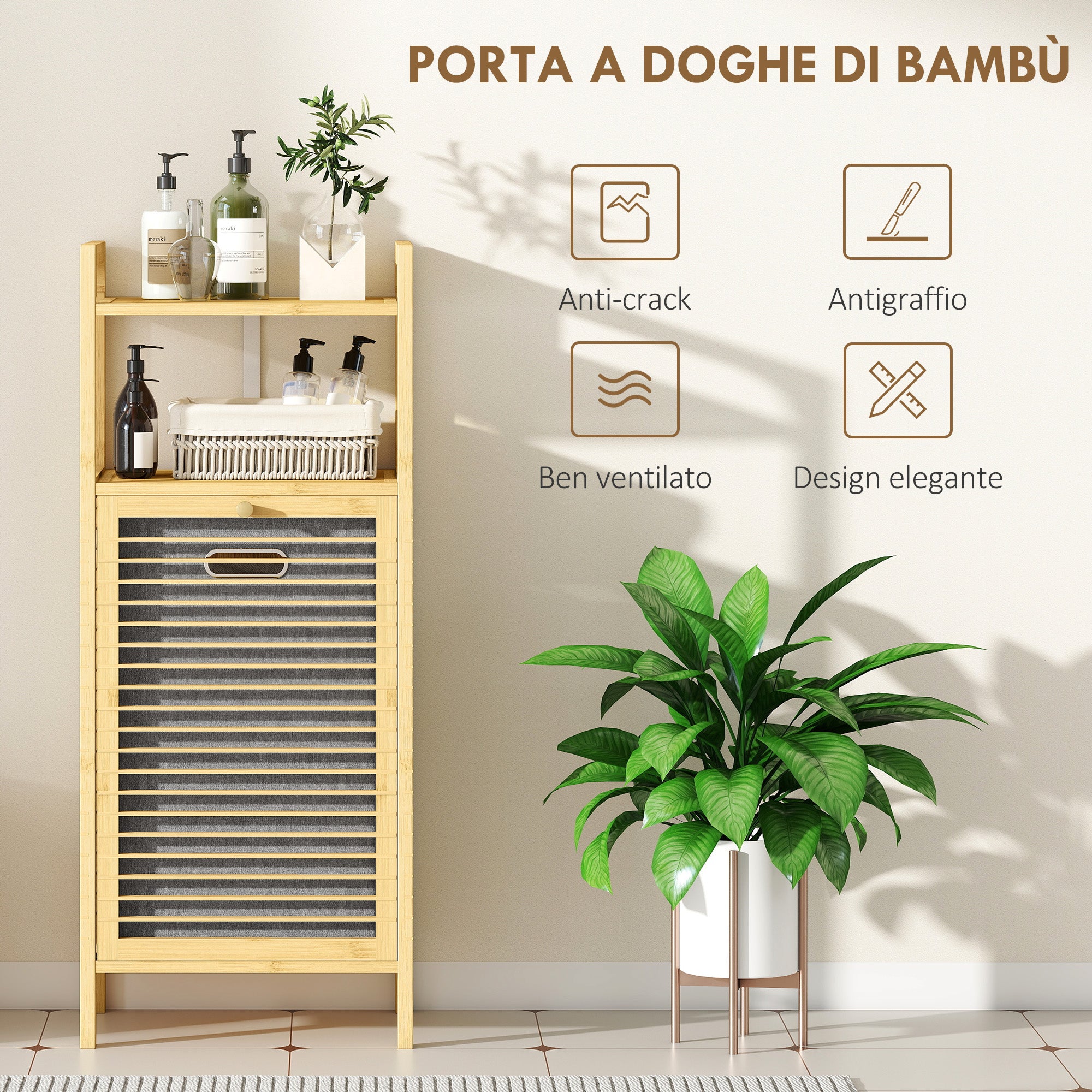 Bamboo and Polyester Bathroom Cabinet with Slatted Base, Laundry Basket and Cabinet, 40x30x95 cm, Grey and Wood