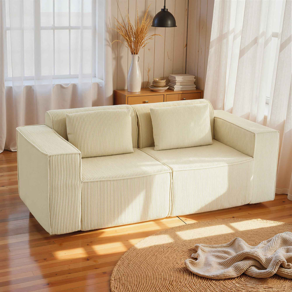 HOMCOM 3-Seater Modular Sofa with Deep Seat, Wide Armrests, and 2 Corduroy Cushions, Beige