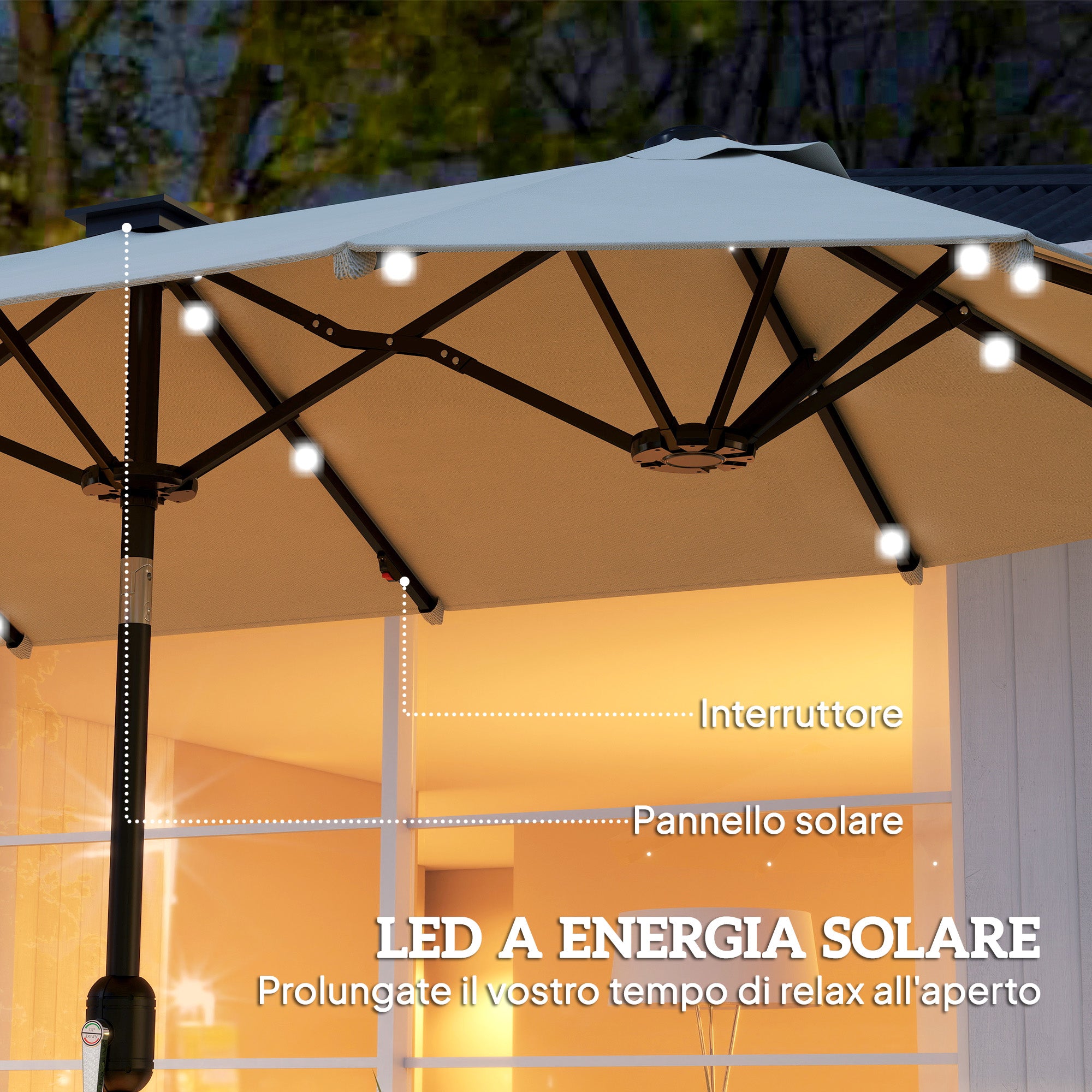 Outsunny Double Umbrella with LED Lights and Crank Handle, in Polyester and Steel, 2.92 x 1.5 x 2.2 m, Beige