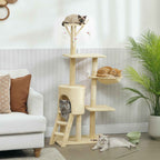 PawHut Cat Tower with House, Perch, Platforms and 4 Hanging Mice, 60x35x134 cm, Beige