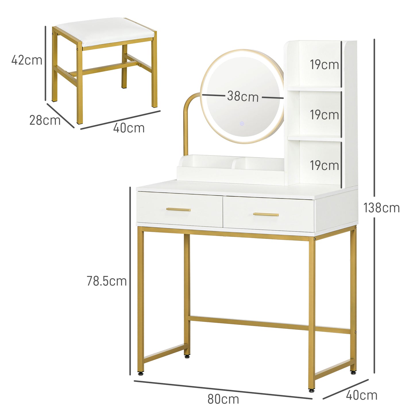 Dressing Table Makeup Table with LED Illuminated Mirror and Stool, Drawers and Shelves, White