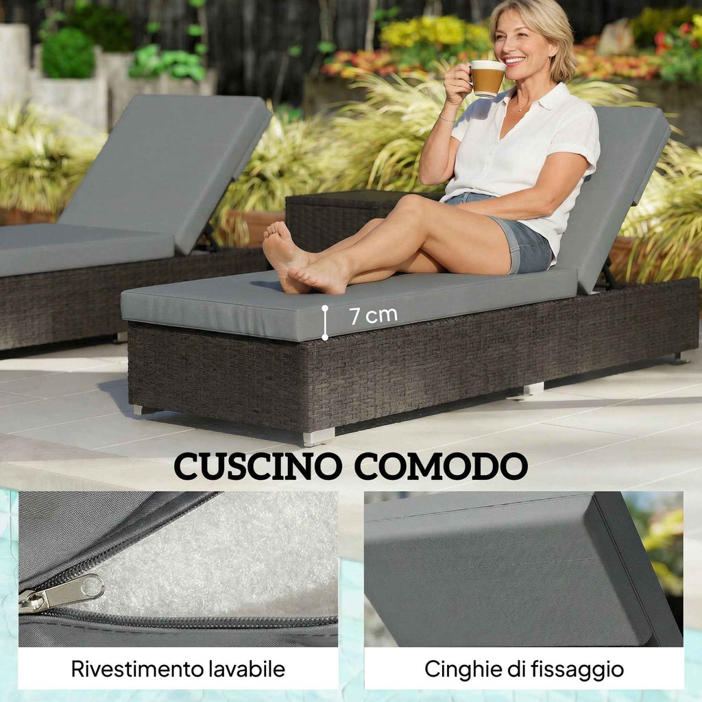 Outsunny Set of 2 Rattan Garden Loungers with Side Table and Adjustable Backrest, 184x60x22 cm, Dark Grey