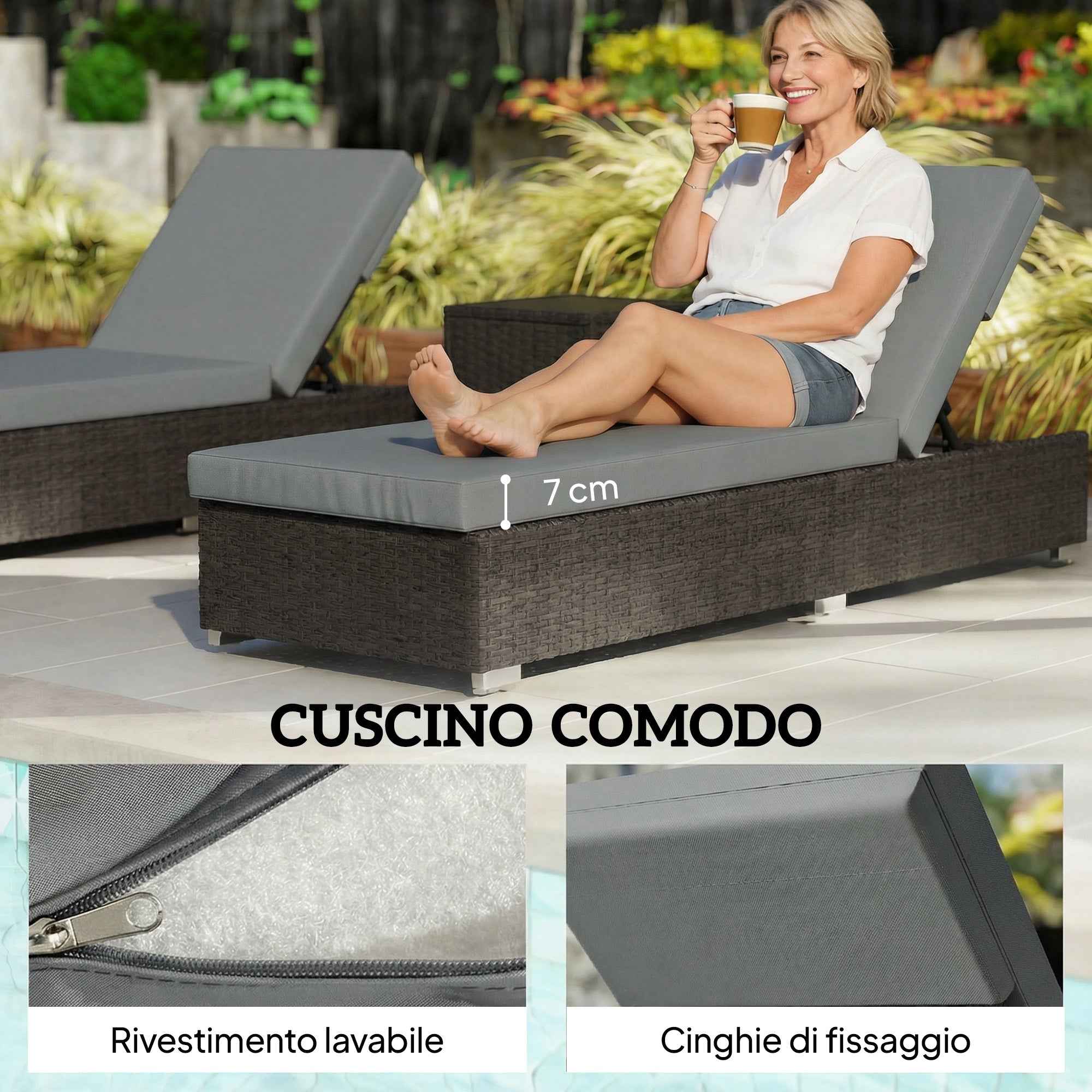 Outsunny Set of 2 Rattan Garden Loungers with Side Table and Adjustable Backrest, 184x60x22 cm, Dark Grey