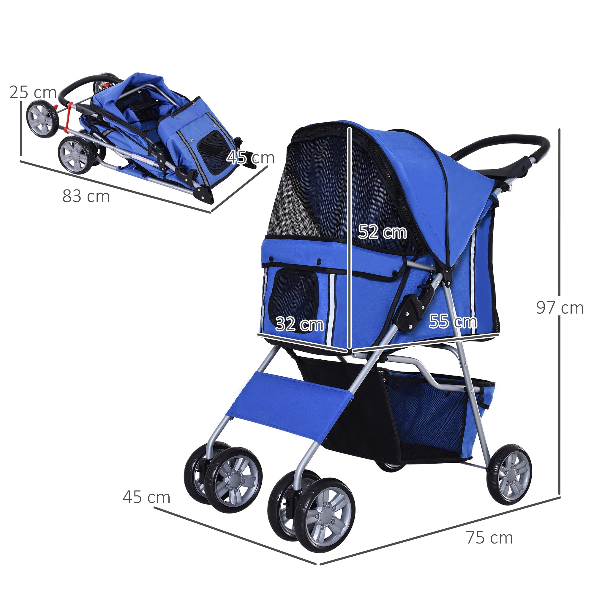 Folding Fabric Dog Stroller with Basket and Cup Holder, 75x45x97 cm, Blue