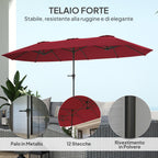 Double Umbrella with Air Vents and Crank, in Metal and Polyester, 4x2.2x2.34 m, Black and Red