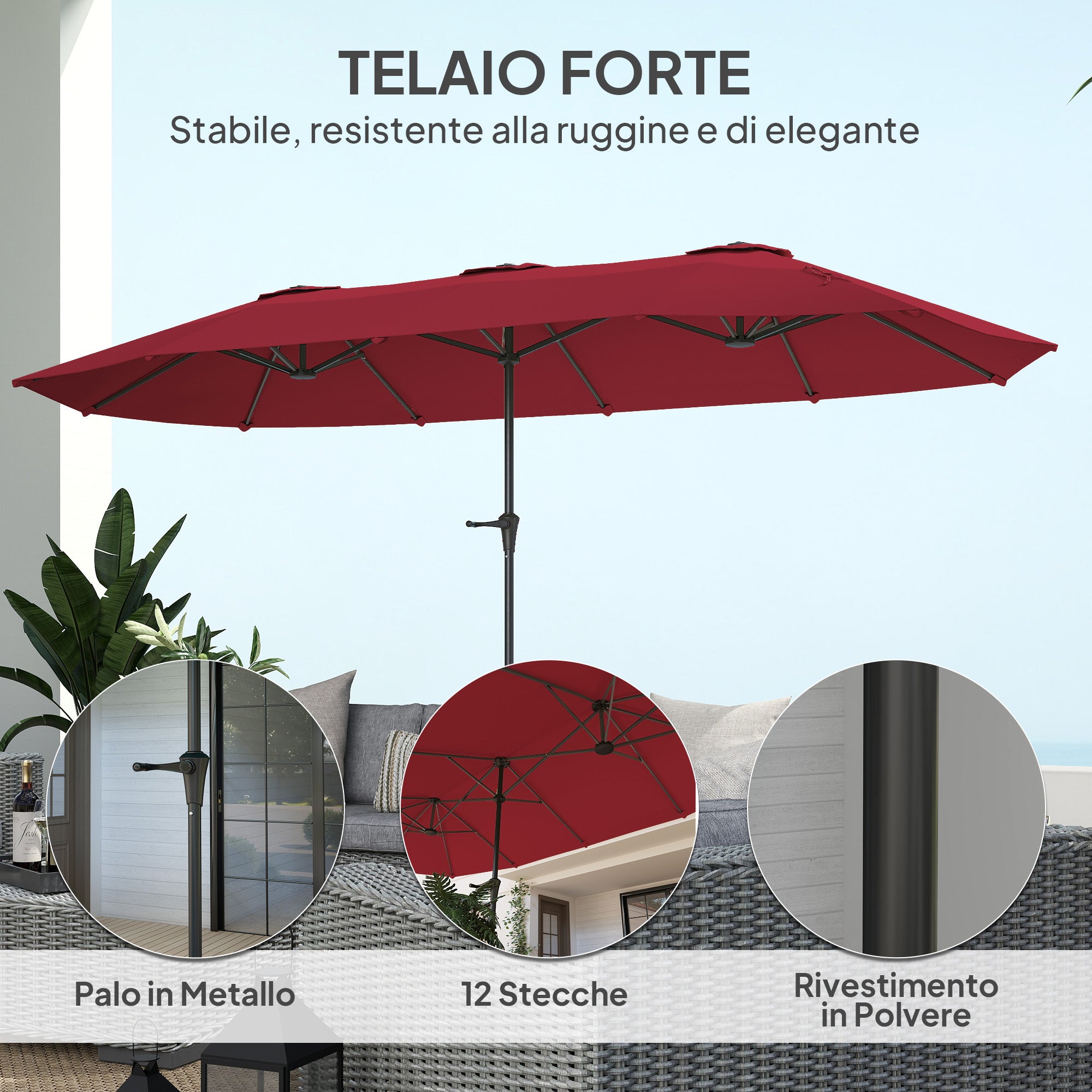 Double Umbrella with Air Vents and Crank, in Metal and Polyester, 4x2.2x2.34 m, Black and Red
