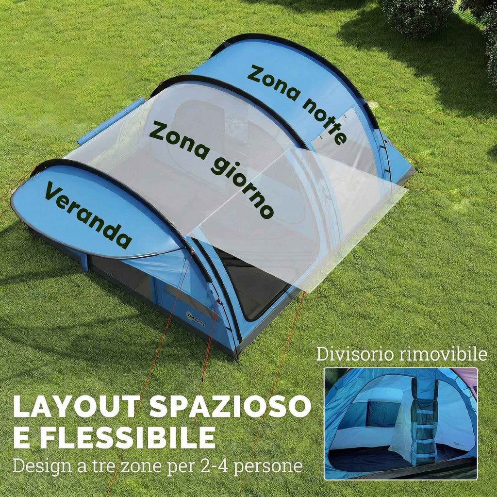 Outsunny 2-4 Person Tunnel Tent, 200cm High, 2 Bedrooms, 3000mm Waterproof, for Trekking, Blue
