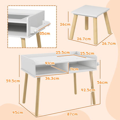 Children's Table and Stool Set, Reversible Table Top and Paper Roll, White