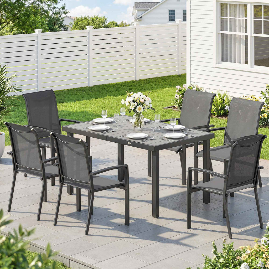 Outsunny 7-Piece Outdoor Set with 2-Section Garden Table and 6 Stackable Texteline Chairs, Grey