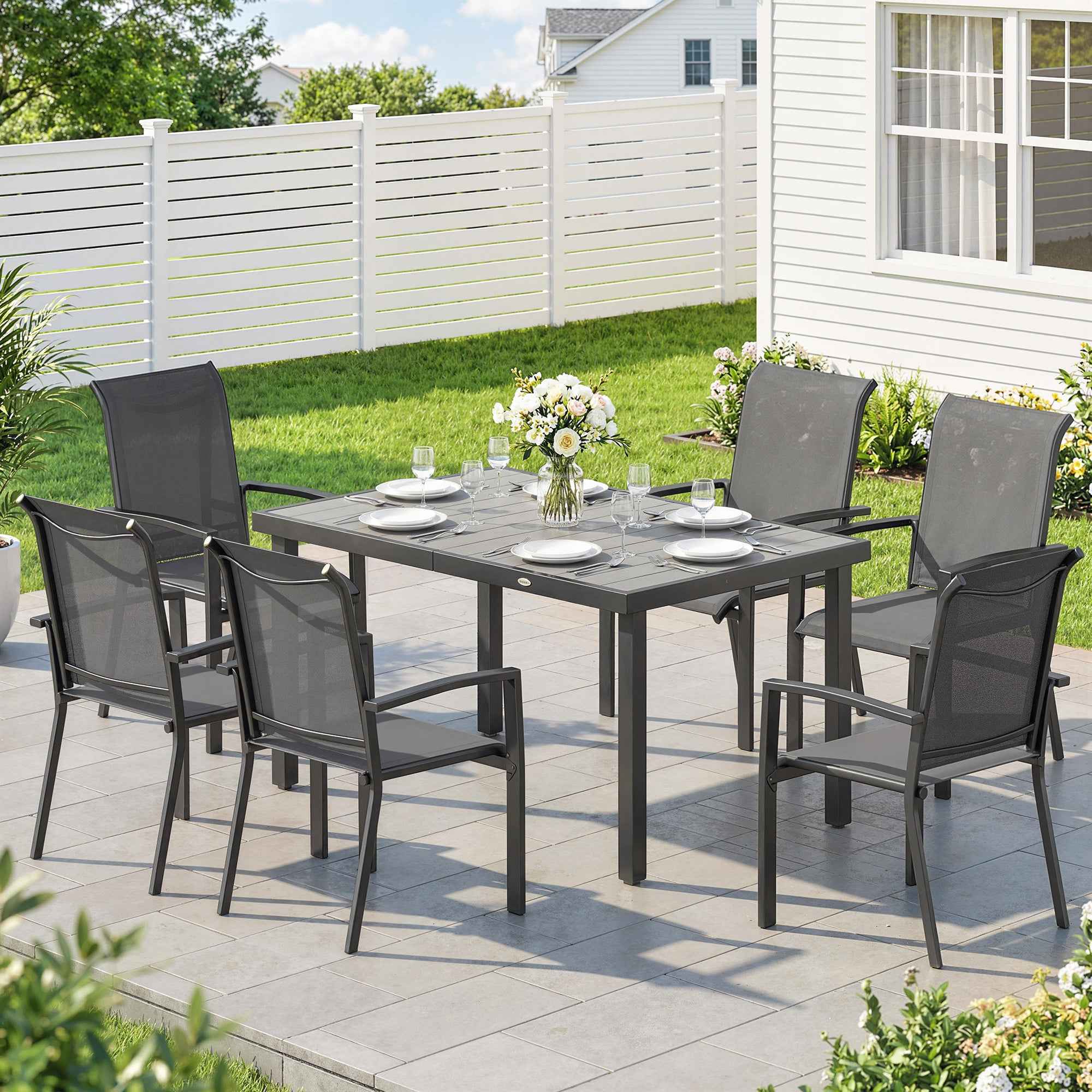 Outsunny 7-Piece Outdoor Set with 2-Section Garden Table and 6 Stackable Texteline Chairs, Grey