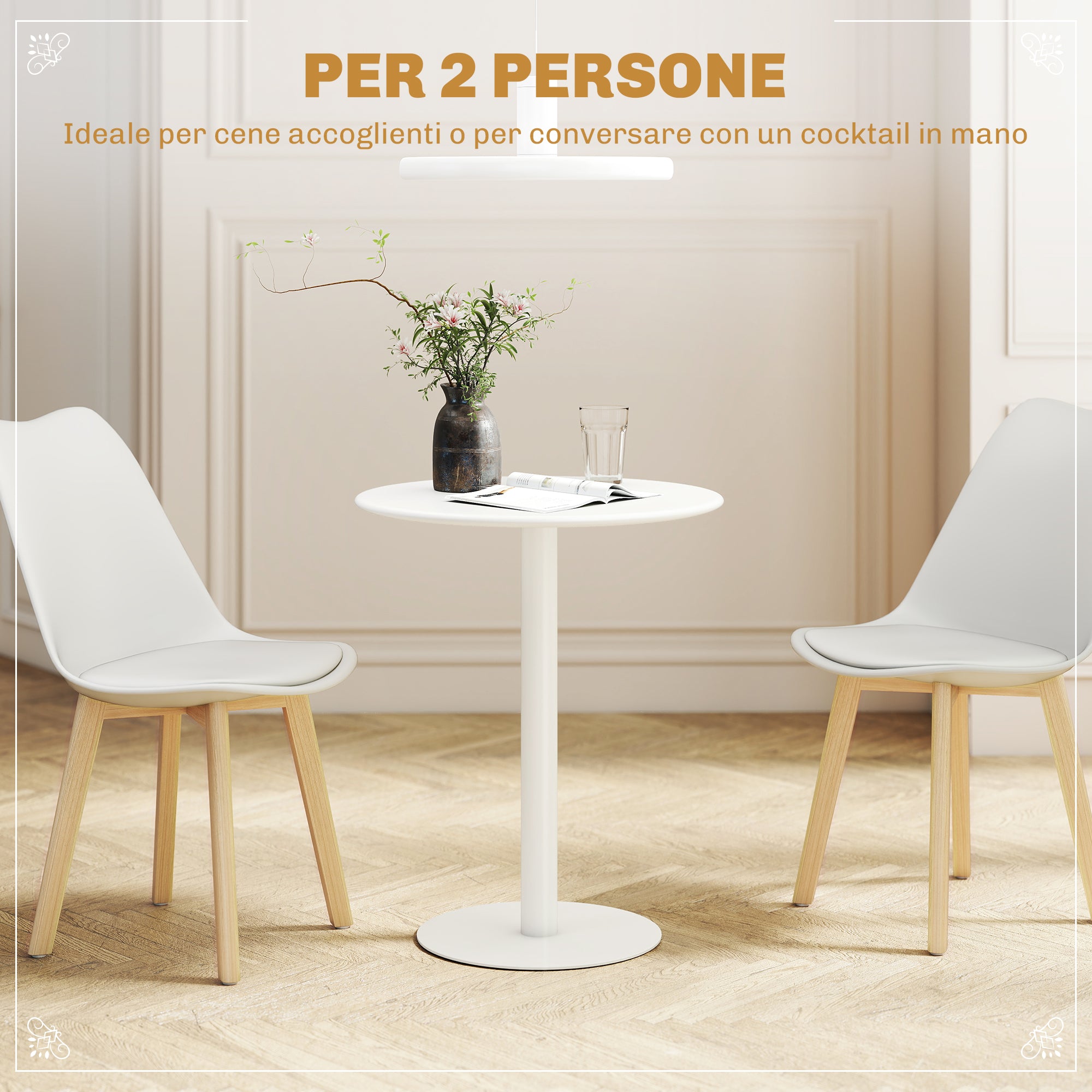 Round Kitchen Table for 2 People with a Modern Design in Steel, Ø60x72 cm, White