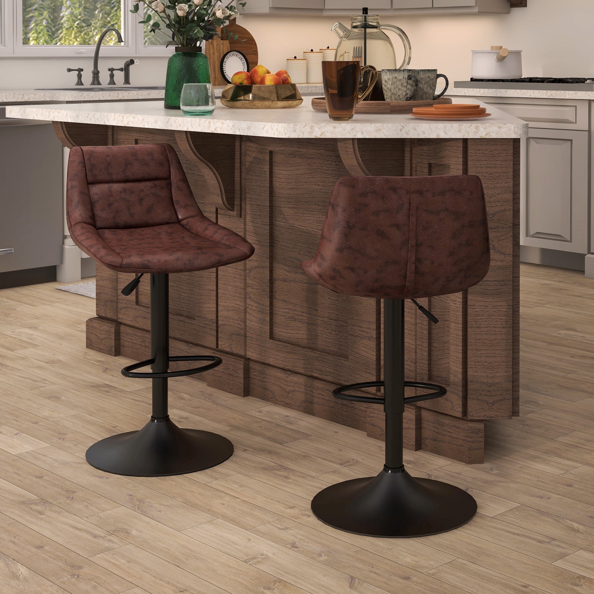 Set of 2 Vintage Brown Faux Leather Bar Stools with Footrest and Round Base, 46.5x50x88-108 cm
