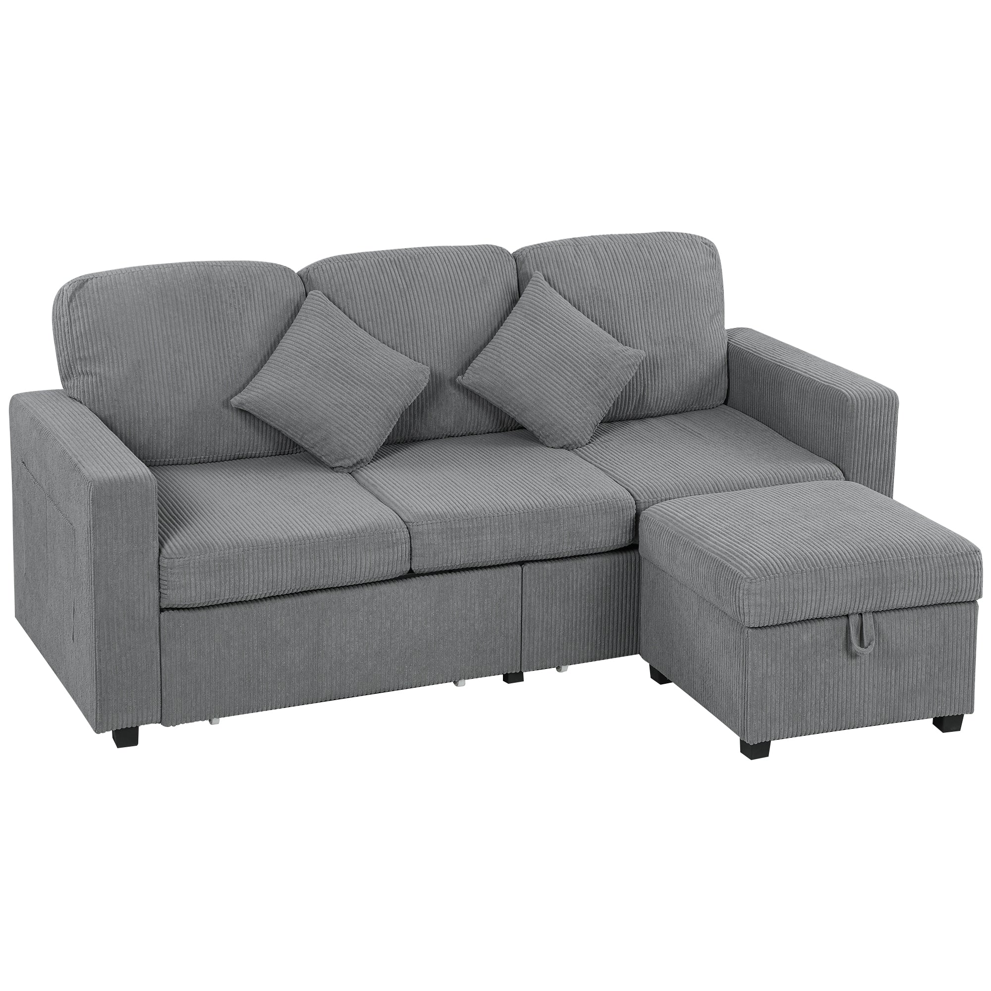 3-Seater Modular Sofa with Storage Pouf in Corduroy, 196x139x85 cm, Light Grey