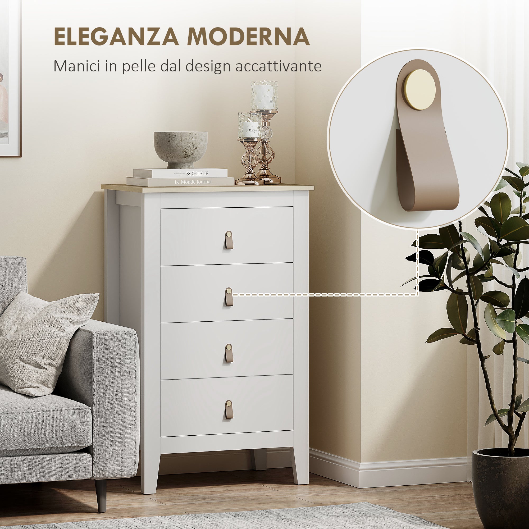 4-Drawer Bedroom Chest with Faux Leather Handles, 60x40x98cm, White