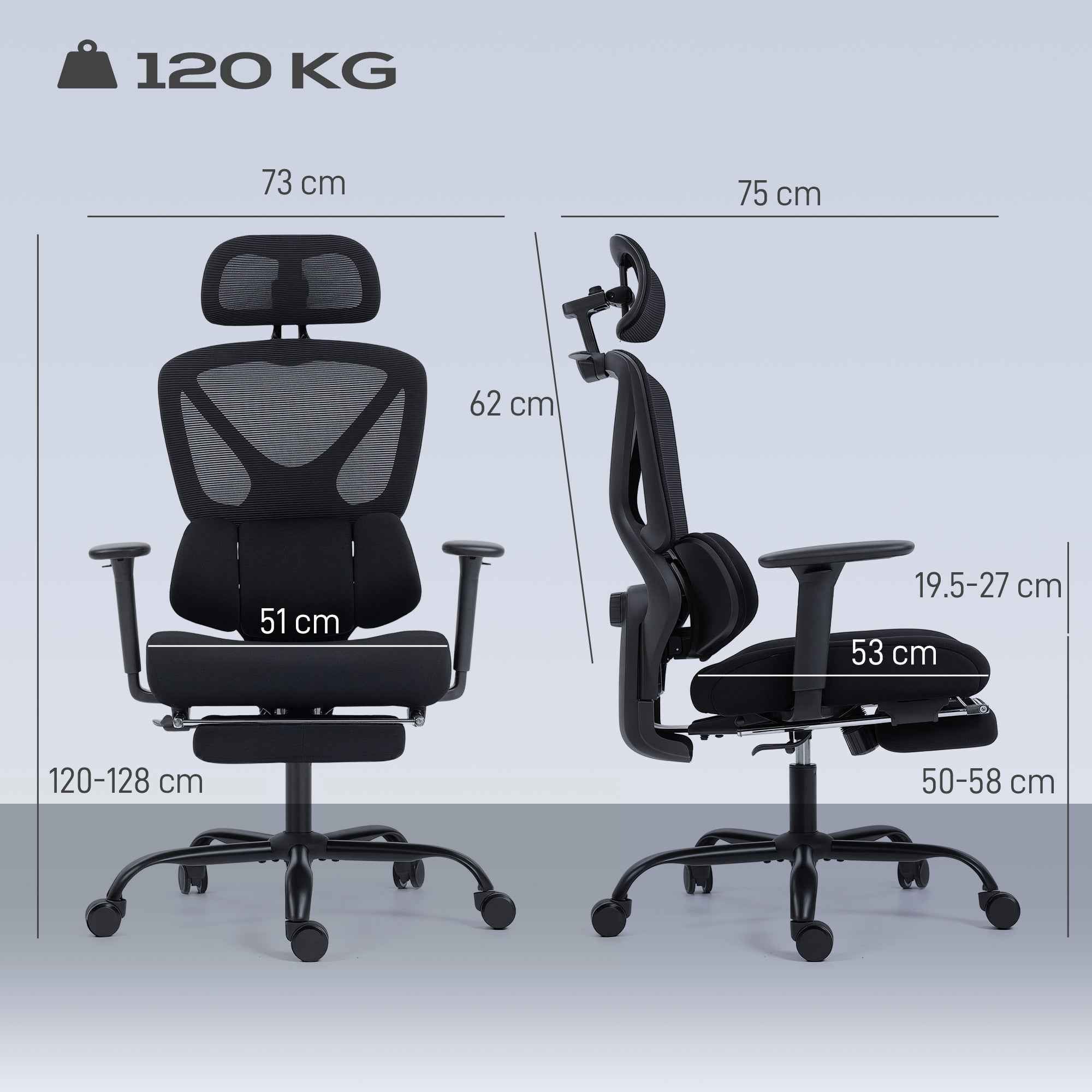 HOMCOM Ergonomic and Breathable Office Chair with Dynamic Lumbar Support and Footrest, 73x75x120-128 cm, Black
