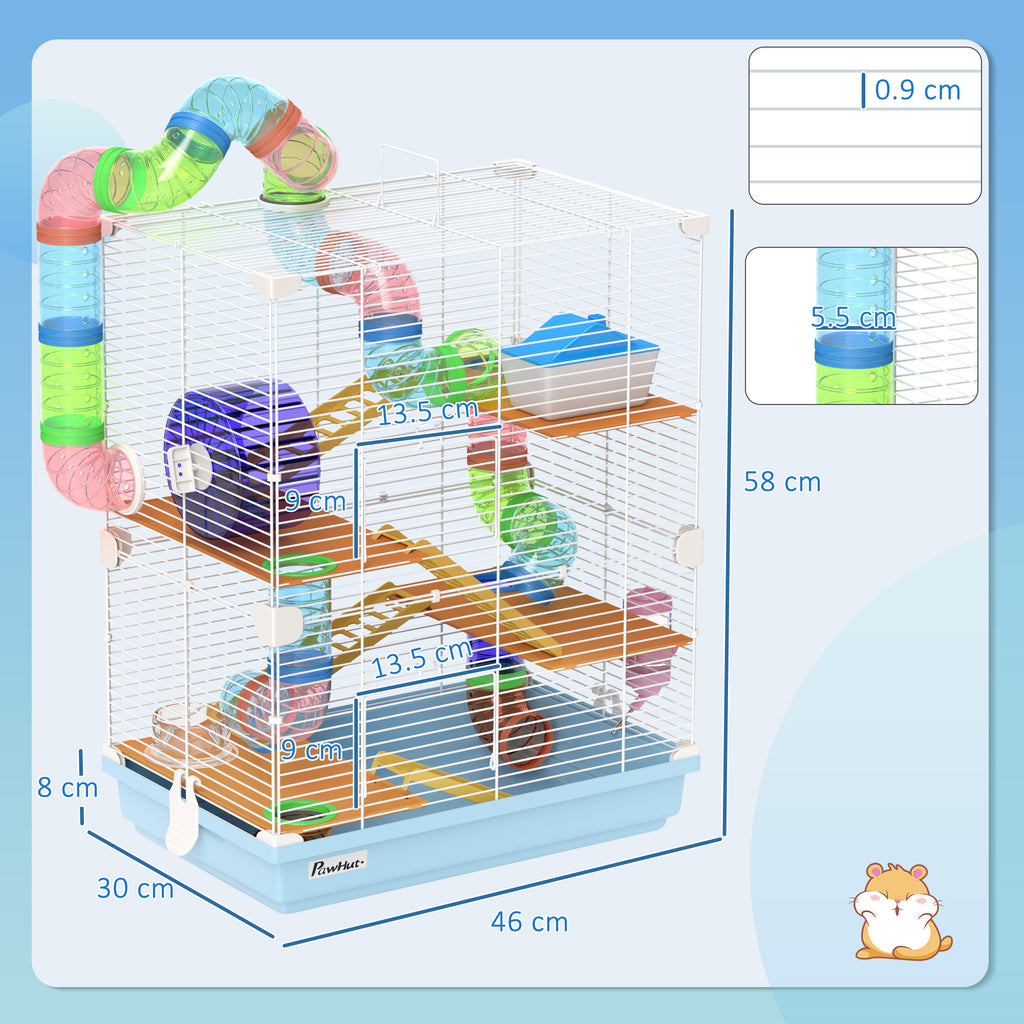 5-Level Hamster Cage with Tubes, Wheel, Ladders, House and Bottle, Made of Metal, PP and PS, 46x30x58 cm