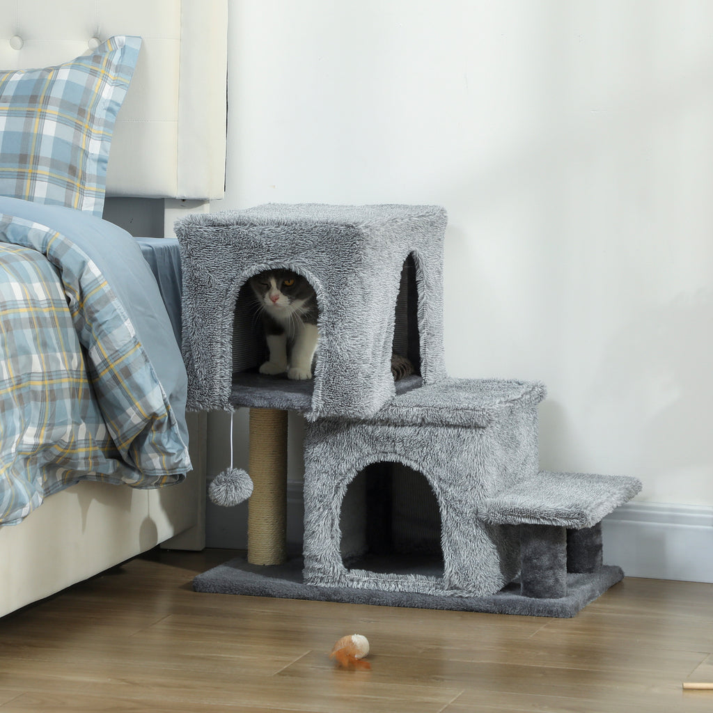 4-Step Height-Adjustable Cat Ladder with 2 Cat Houses, Scratching Post and Ball, Grey