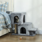 4-Step Height-Adjustable Cat Ladder with 2 Cat Houses, Scratching Post and Ball, Grey