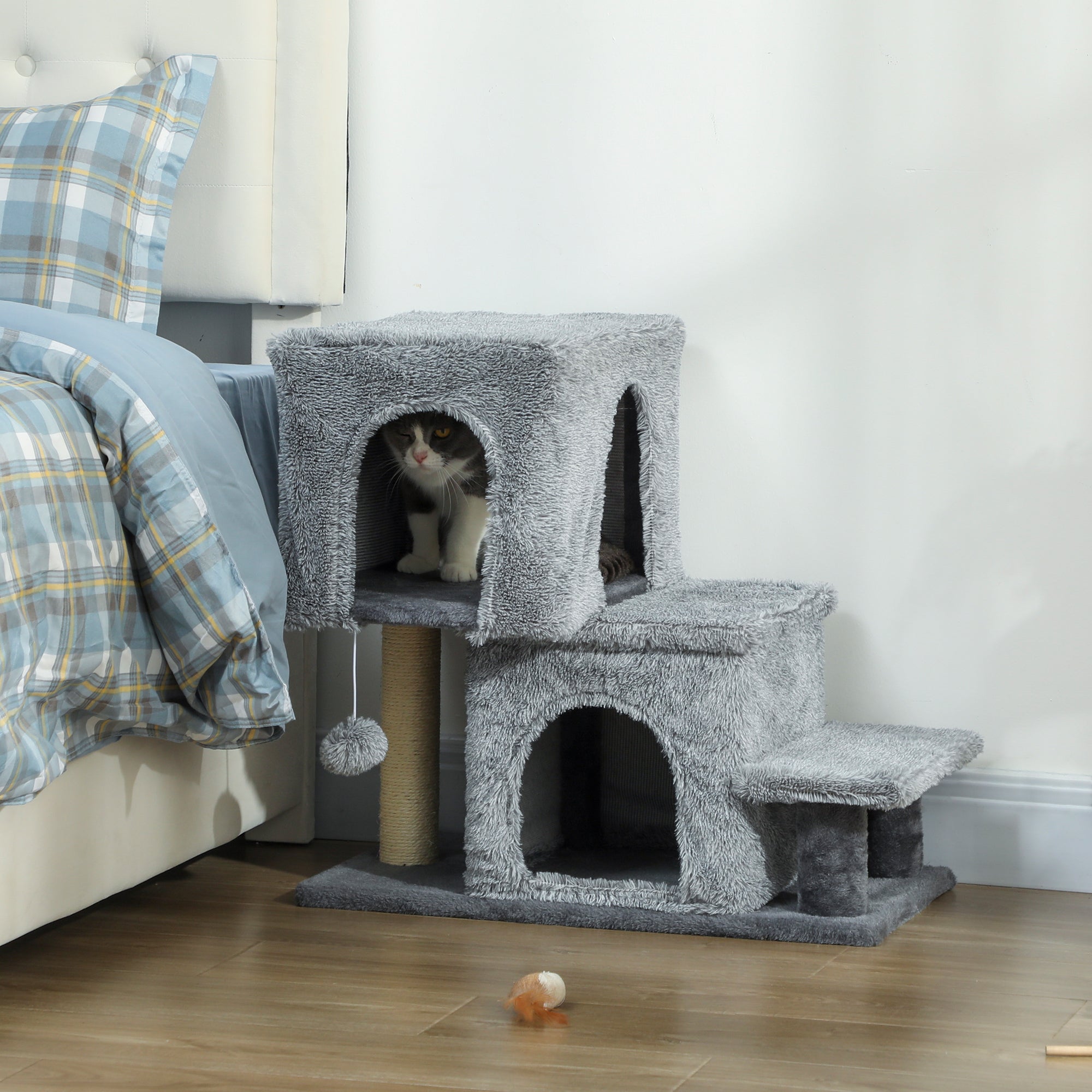 4-Step Height-Adjustable Cat Ladder with 2 Cat Houses, Scratching Post and Ball, Grey