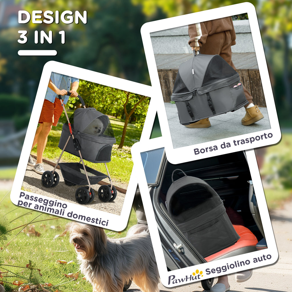 3 in 1 Foldable Dog Stroller with Carrying Bag and Bottom Basket, Gray