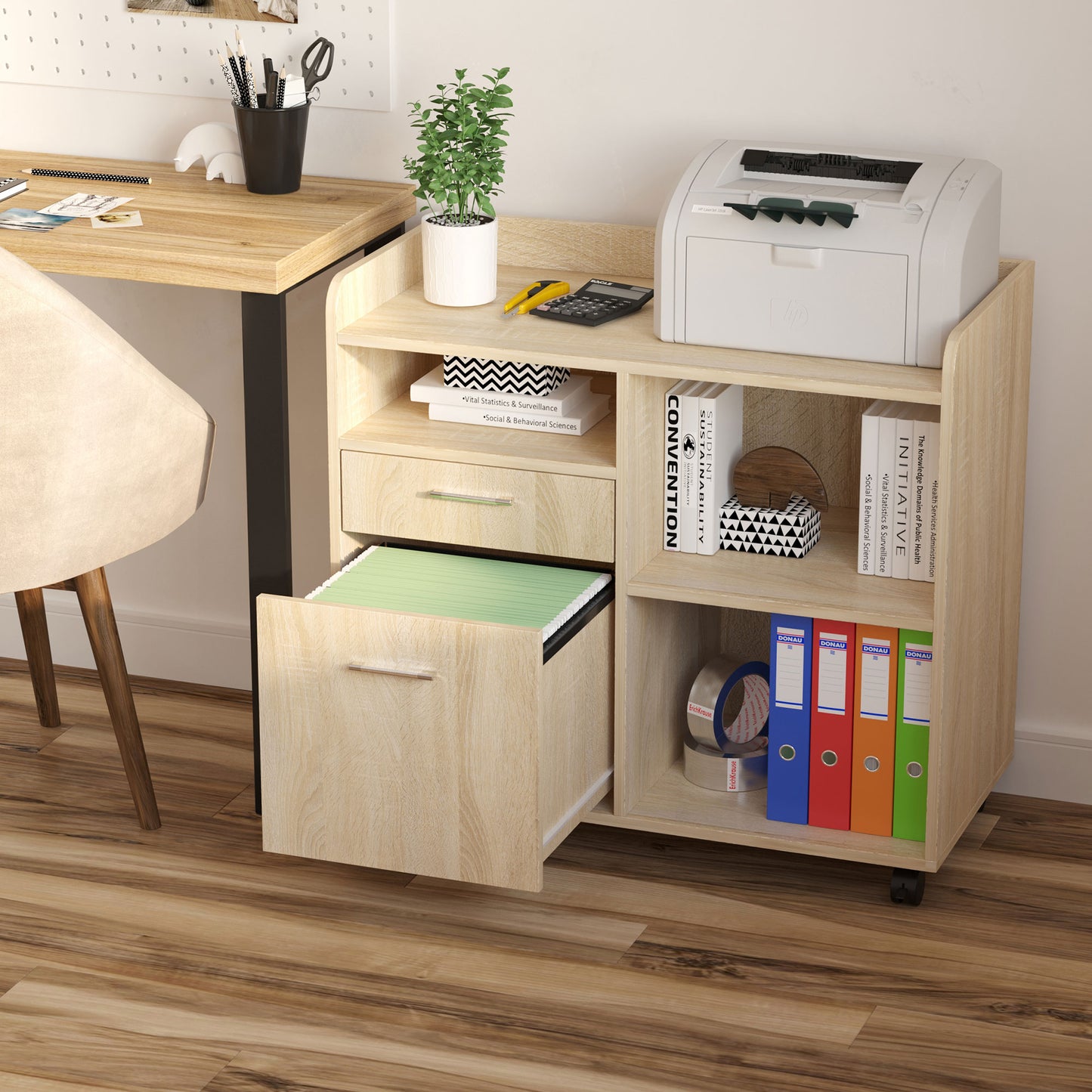 Multi-Use Printer Stand, Office Cabinet, Low Cabinet, Multipurpose Cabinet with 4 Wheels, Oak, 80x40x72cm - Borgè