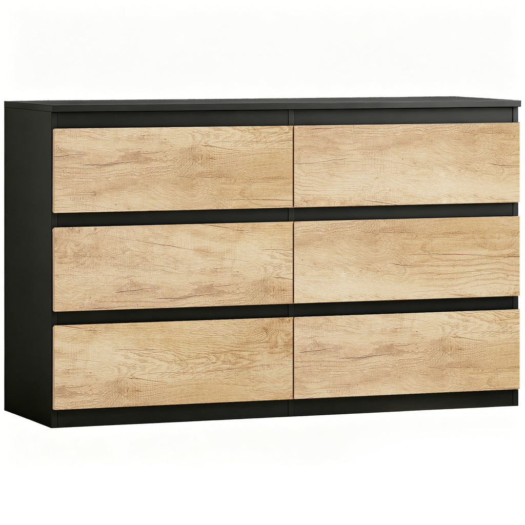 HOMCOM 6-Drawer Wooden Bedroom Chest, 120x39x75 cm, Black and Oak
